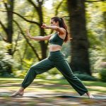 A man in olive green yoga pants men male yoga attire performing warrior II pose in an Australian park.
