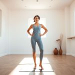 A model in a heather grey yoga tank yoga mat grip towel posing elegantly in a bright minimalist yoga studio.