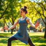 A woman in a Heather Grey yoga tank yoga mat grip towel performing warrior II pose in an Australian park.