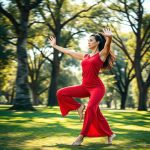 Woman in a red yoga tshirt and active wear flares performing a yoga pose in an Australian park.